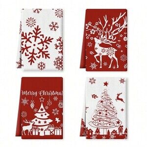 Merry Christmas Kitchen Dish Towels 4pc Set Red White Cotton Microfiber NEW